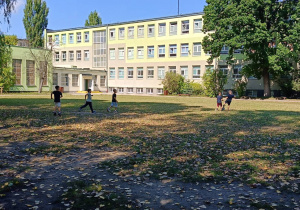 Chłopcy grają wspólnie w piłkę nożną na trawie ćwiczą współpracę