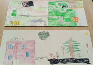 Prace uczniów przedstawiające bezpieczną drogę do szkoły