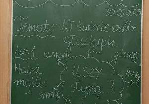 Tablica z tematem zajęć uspołeczniających o osobach niesłyszących