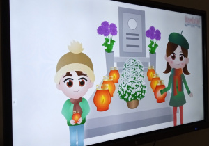 Grafika przedstawiająca dzieci przy grobie