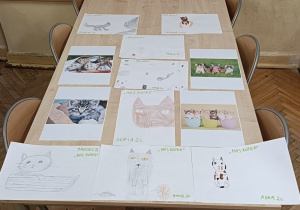 Prace plastyczne uczniów wykonane podczas zajęć o kotach