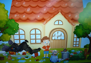 Ilustracja - chłopiec wśród śmieci